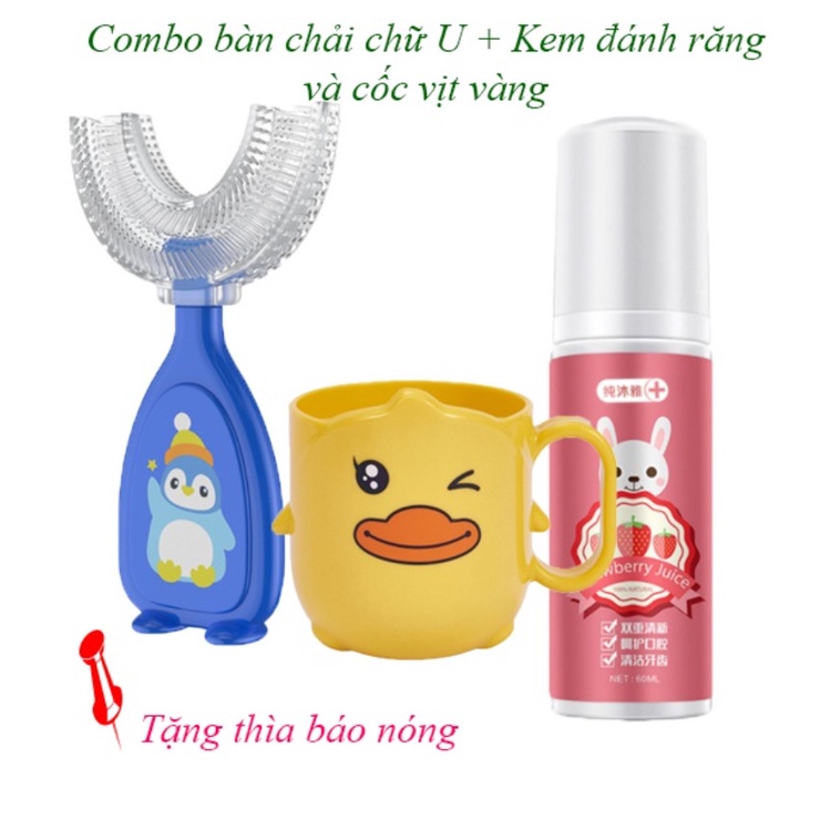 Combo bàn chải đánh răng chữ u cho bé + kèm đánh răng tạo bọt nuốt được + cốc vịt vàng cho bé VINKID