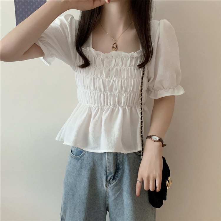 Áo chiffon WANGJIAOZHAN dáng ngắn cổ vuông tay phồng thời trang mới phong cách Hàn Quốc