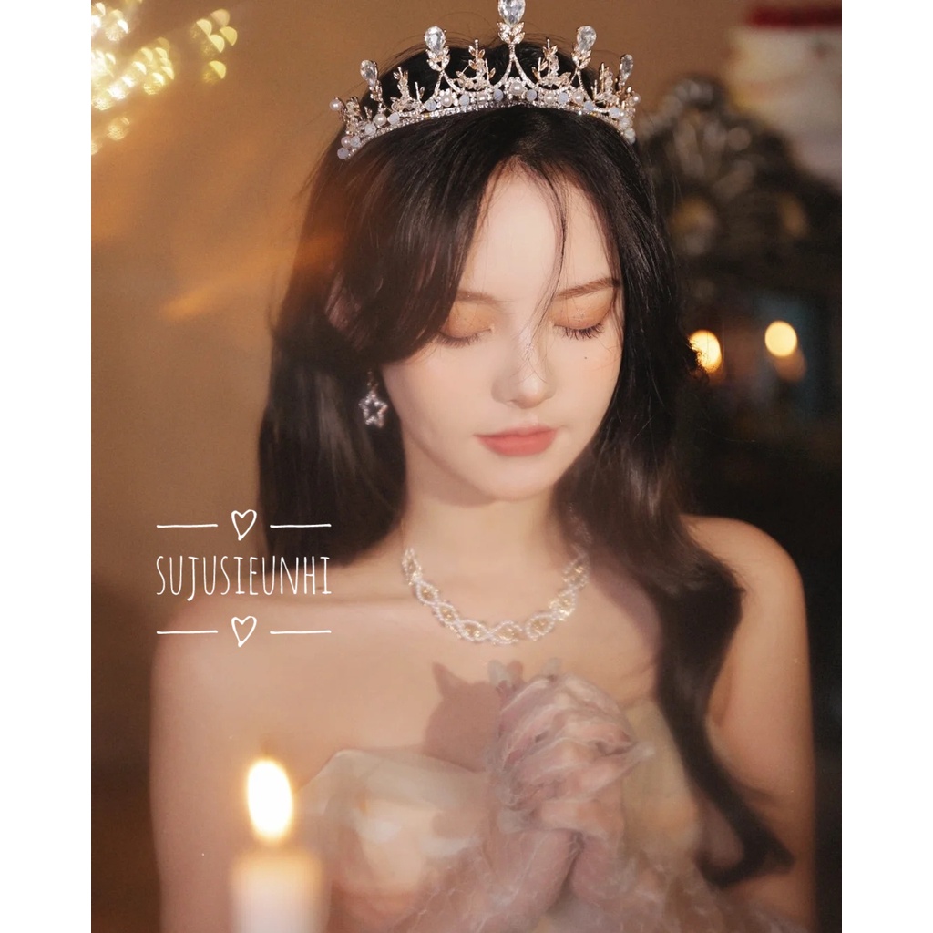 (3 mẫu) vương miện cô dâu họa tiết hình lá, giọt nước đính ngọc và đá nhân tạo/ phụ kiện đội đầu chụp ảnh, sinh nhật