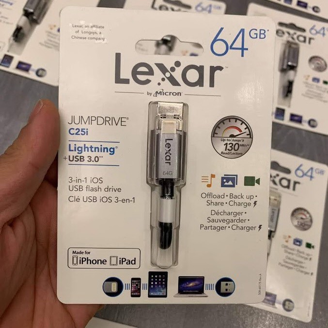 USB OTG Mở rộng thêm 64Gb bộ nhớ iPhone/iPad (Kiêm cáp Lightning MFI & USB 3.0 64Gb) chính hãng LEXAR