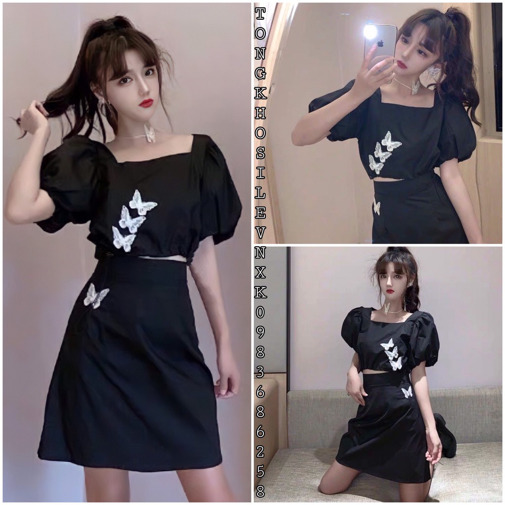 SET ÁO CROPTOP BUTTERFLY CỔ VUÔNG TAY BỒNG CHUN EO MIX CHÂN VÁY BƯỚM Đen Ulzzang có lót trong