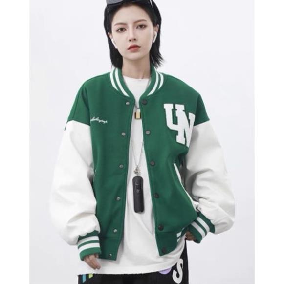 Áo bomber form rộng phối tay da màu xanh lá chất dạ ép unisex nam nữ MB