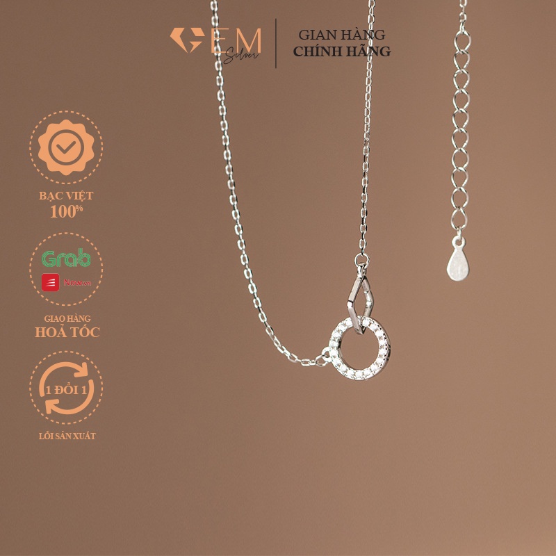 Dây chuyền bạc nữ Gem silver, vòng cổ bạc nữ hình vuông tròn lồng nhau nạm đá