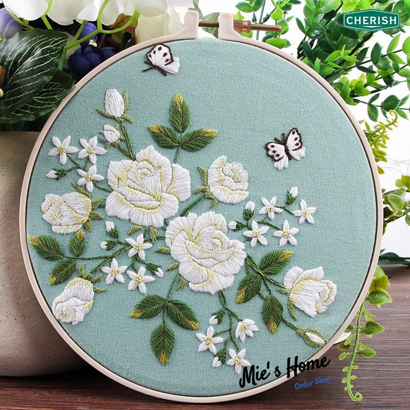 Bộ Kit tự thêu tay Tranh hoa cỏ Kit tập thêu Hoa Cherish mẫu Hoa Sen Bát Bảo / Anh Đào MIE SHOP HANDMADE