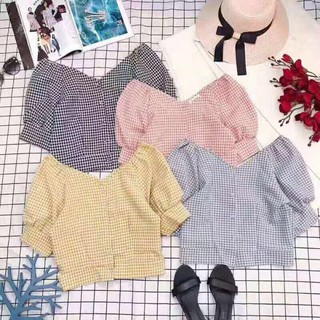 Áo Kiểu Sơmi Caro Croptop Tay Phồng Nữ Tính TTS0378