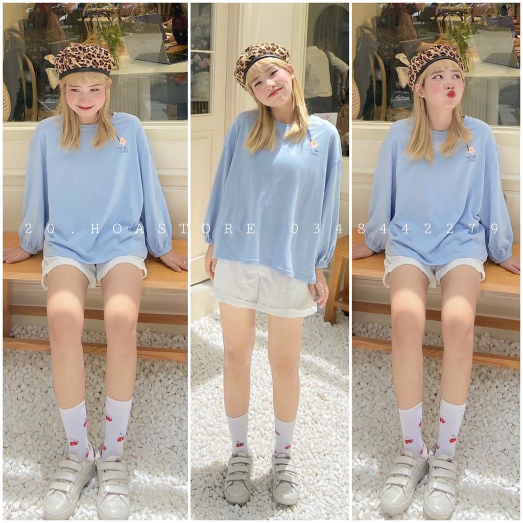 ÁO THUN NỈ TAY BỒNG XANH THÊU CHỮ HOA CÚC - ÁO SWEATER TAY CHUN DAISY FLOWER BLUE
