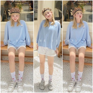 ÁO THUN NỈ TAY BỒNG XANH THÊU CHỮ HOA CÚC - ÁO SWEATER TAY CHUN DAISY FLOWER BLUE