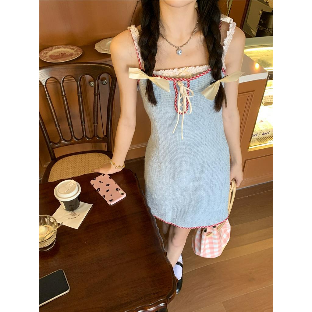 Đầm Dây Vải Dệt Kim Phối Ren Màu Sắc Tương Phản Thời Trang Nữ 63305