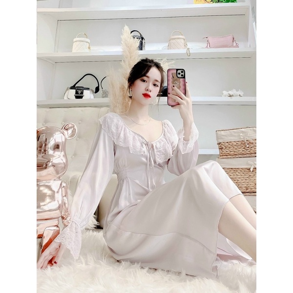 ĐẦM TIỂU THƯ SATIN LỤA CAO CẤP CHUN EO TÍM