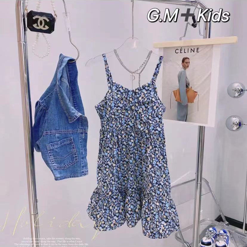 Hàng Mới Về Bộ Áo Khoác Denim + Đầm Hai Dây Ngắn In Hoa Thời Trang Mùa Hè 2022 Cho Bé Gái