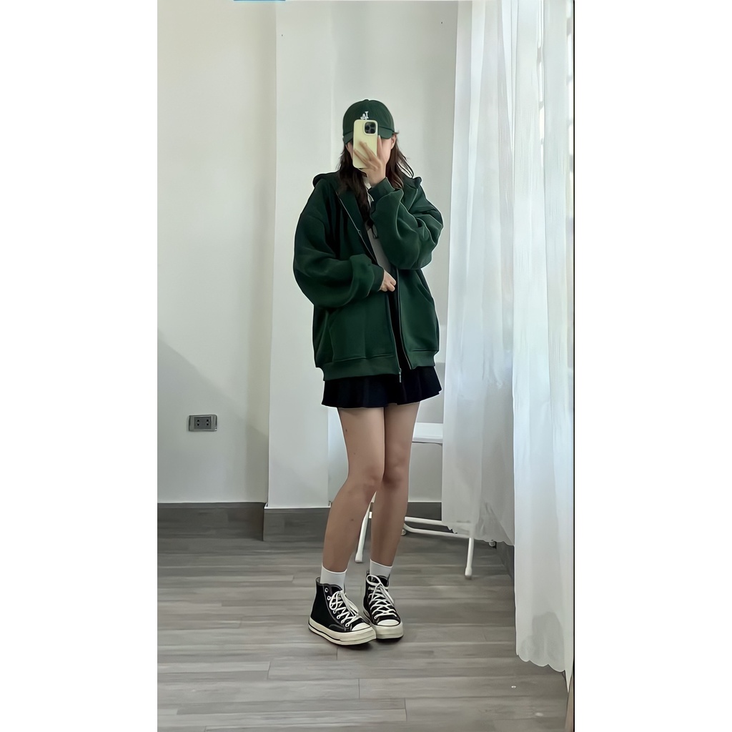 Áo Khoác Nỉ Hoodie Zip Trơn Màu Xanh Nam Nữ Unisex