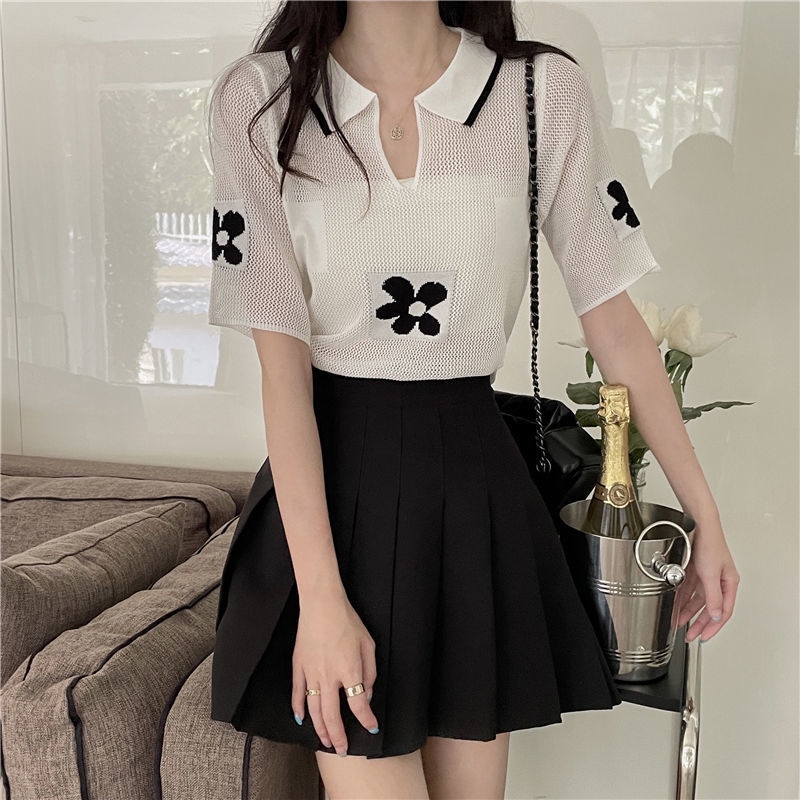 Áo Dệt Kim Tay Ngắn Cổ Chữ v In Họa Tiết Hoa Nhí Xinh Xắn Phong Cách Hàn Quốc Thời Trang Cho Nữ