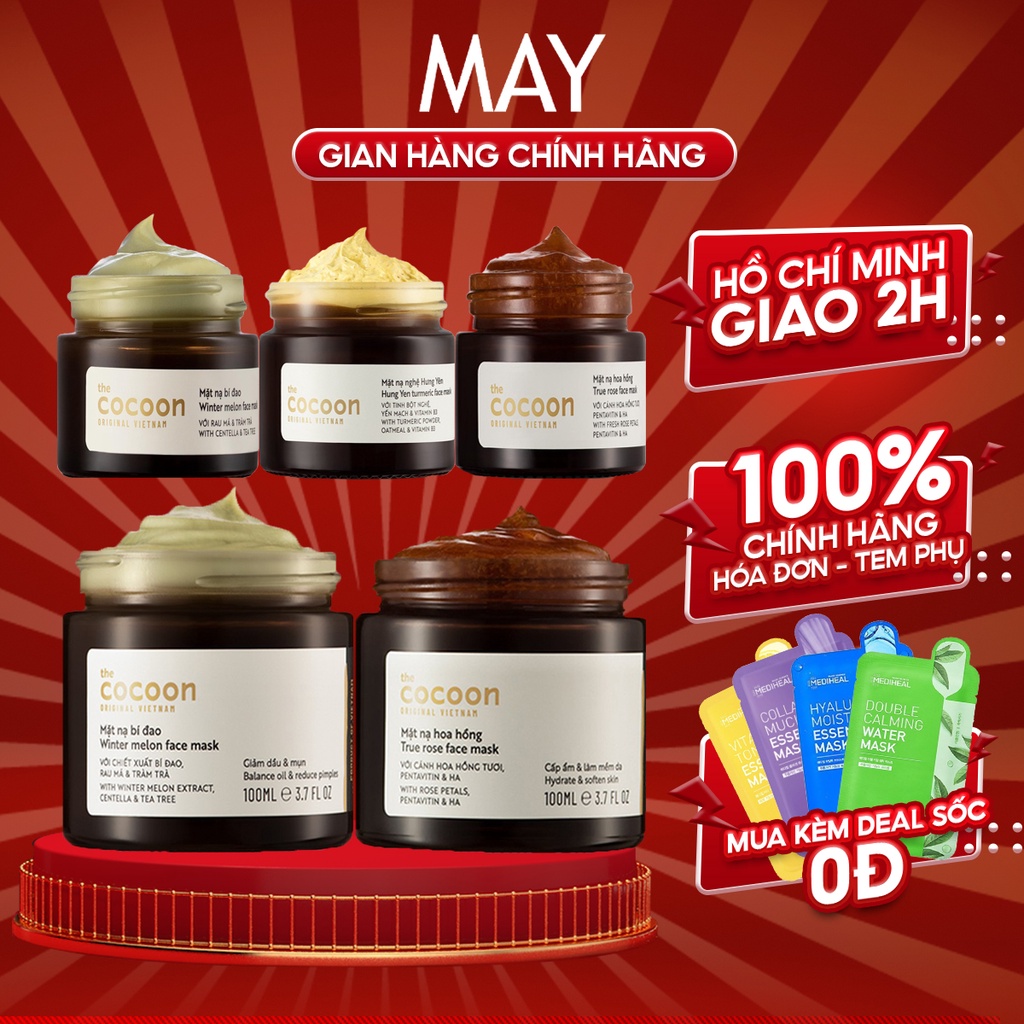 Mặt Nạ Dưỡng Da Cocoon Cấp Ẩm, Giảm Mụn và Mờ Thâm 30ml/100ml (Hoa Hồng / Bí Đao / Nghệ )