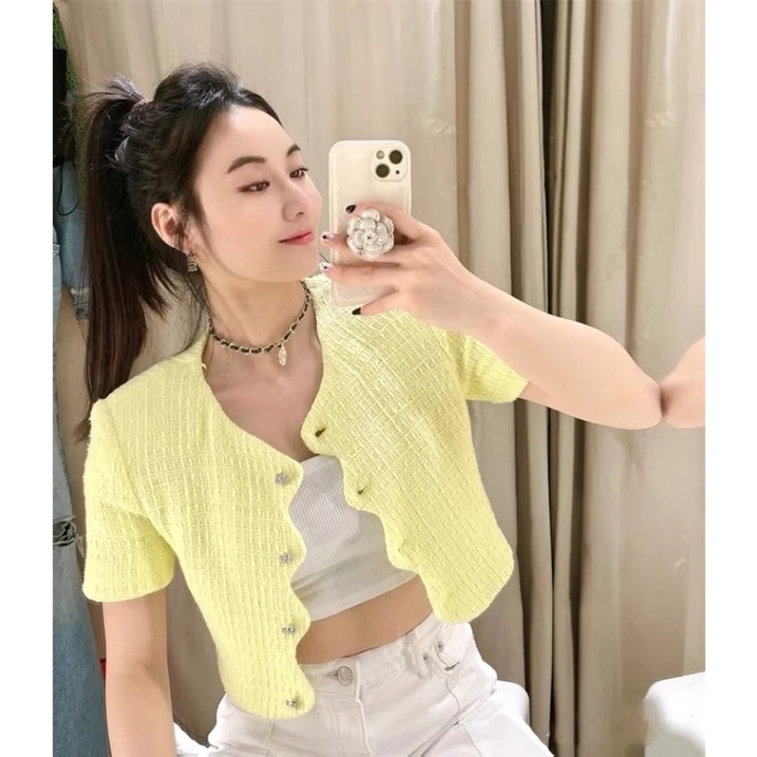 Set vest nữ ngắn màu vàng áo vest ngắn tay và quần vest giả váy chất liệu tweed mềm