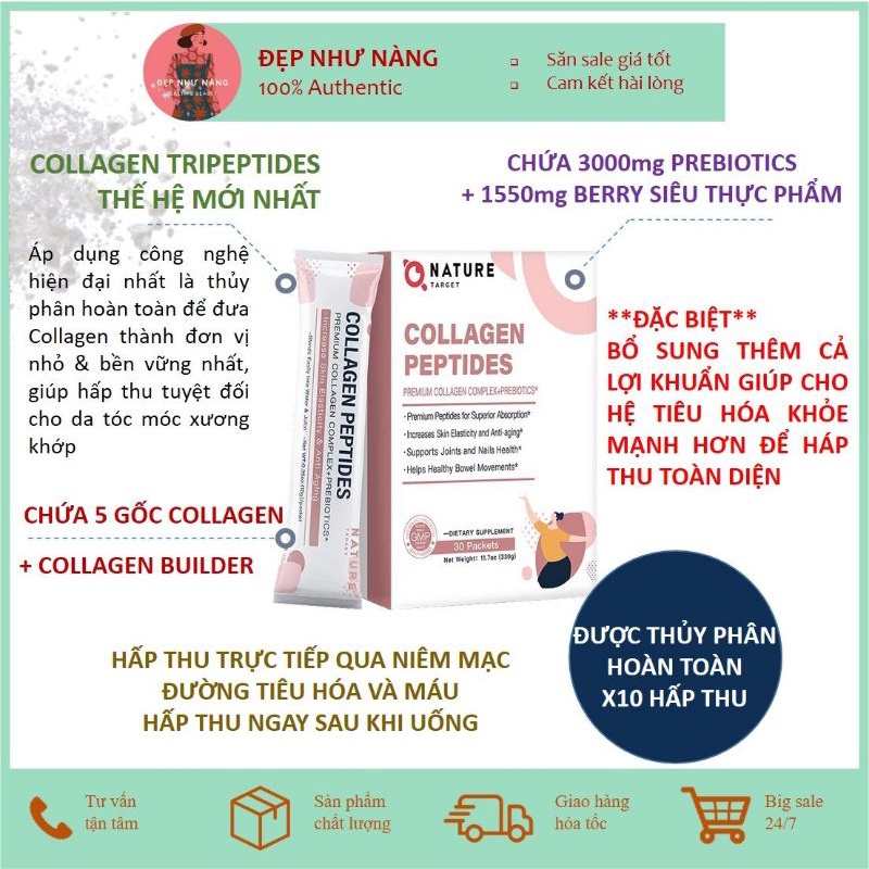 Bột Collagen Tripeptide Thủy Phân Prebiotics Trẻ Hóa Sáng Da 3 In 1  Superfood Nature Target Glutathione marine