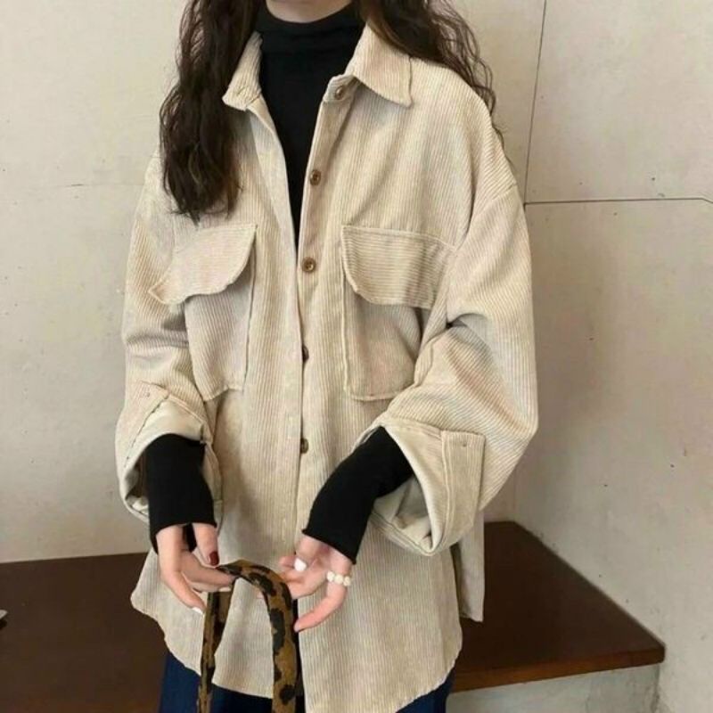 Sơ mi nhung tăm form rộng 2 túi unisex