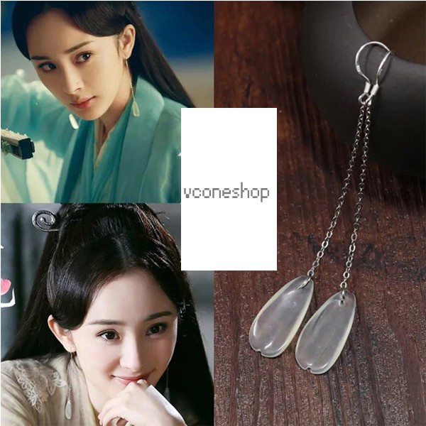 Khuyên tai Tam sinh tam thế Bạch Thiển bản chuôi bạc S925 phong cách cổ trang Trung quốc cổ đại