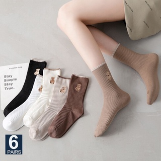 Cute Byte 6Pairs/lot Women Long Tube Socks Female Autumn Winter Cute Bear Korean Japanese Double Needles Knitting Cotton Girl Sock