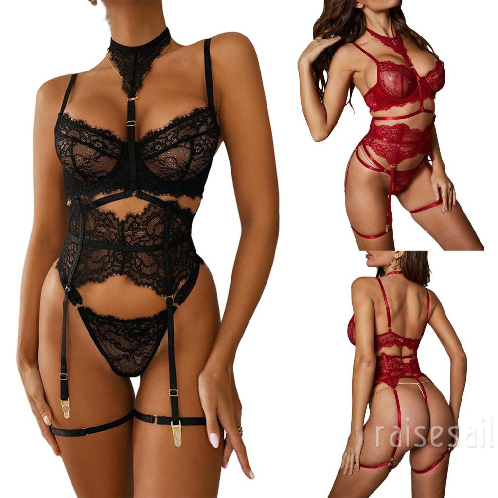 Rs-4Pcs Female Lingerie Set, Solid Color See-Through Lace Bra+ Thong+ Garter+ Neck Ring, S/M/L/XL/XXL | WebRaoVat - webraovat.net.vn