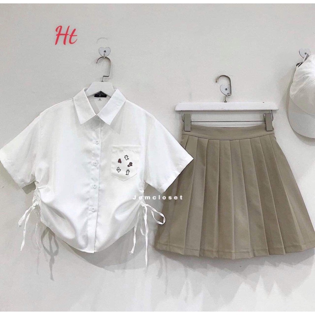 Áo sơ mi Rút eo túi Mèo chất liệu thô lụa (HT)