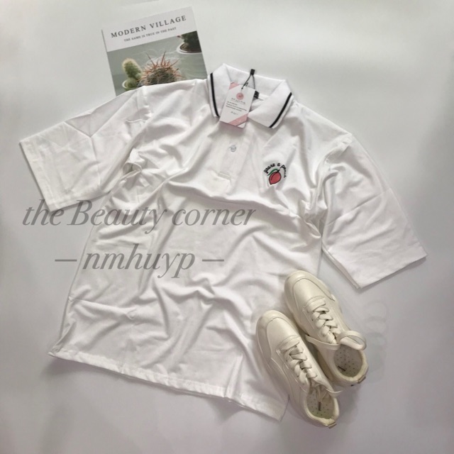 ÁO THUN UNISEX CỔ POLO FORM RỘNG TAY LỠ THÊU HÌNH QUẢ ĐÀO