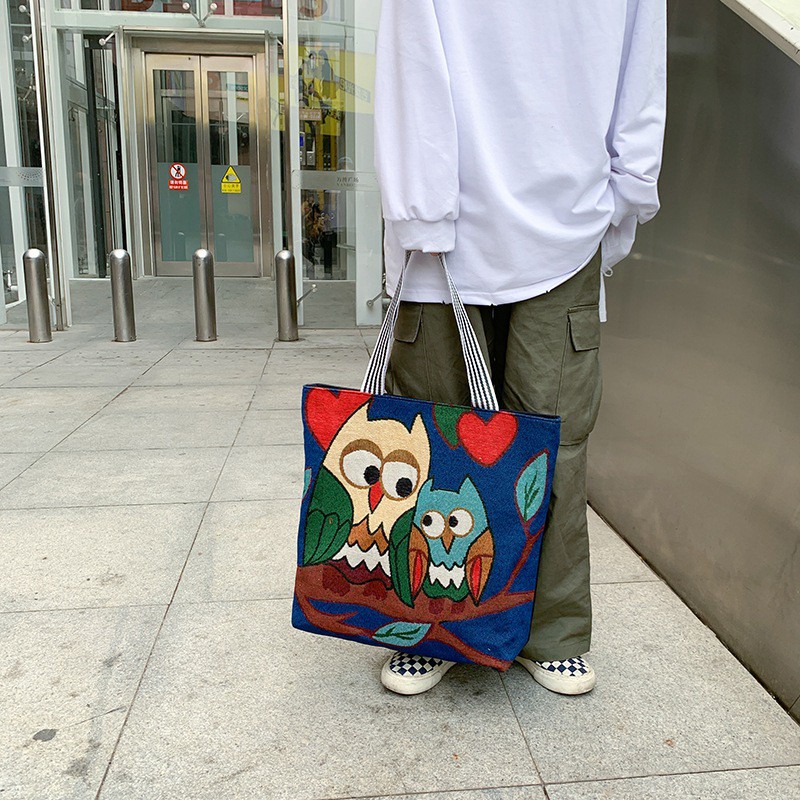Túi Tote Vải Canvas Thêu Hình Chim Cú Mèo Thời Trang Đeo Chéo GN11-I