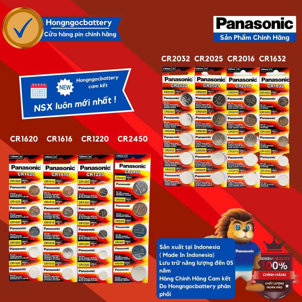 Vỉ 5 Viên Pin Panasonic CR2032 / CR2025 / CR2016 / CR1632 / CR1220 / CR1620 / CR1616 Pin 3V Lithium Made in Indonesia