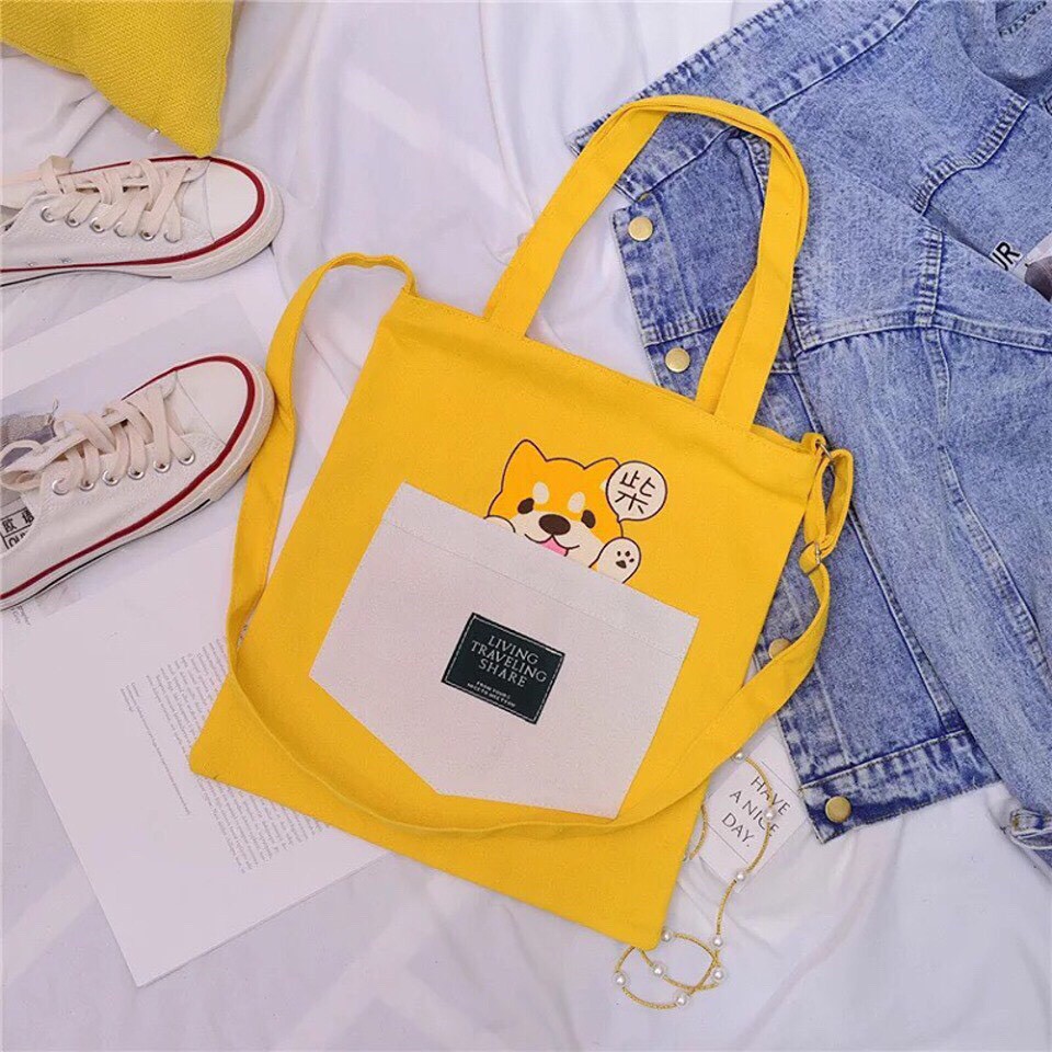 Túi Vải Tote Vàng Hộp Trắng - Chú Chó Hachiko Hot Trend 2019  (Tặng Kèm 1 Gương Mini Siêu Xinh)