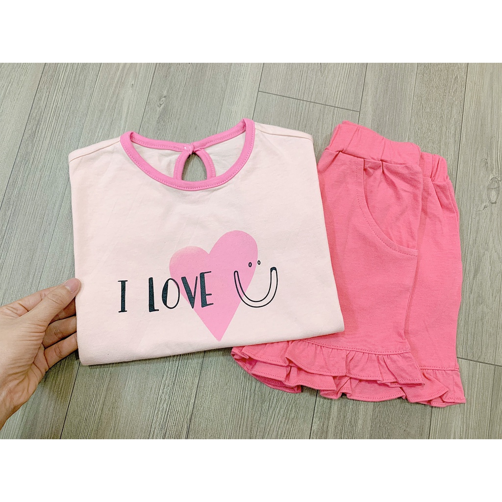 Bộ cotton bé gái xuất Hàn petite chữ love phối bèo