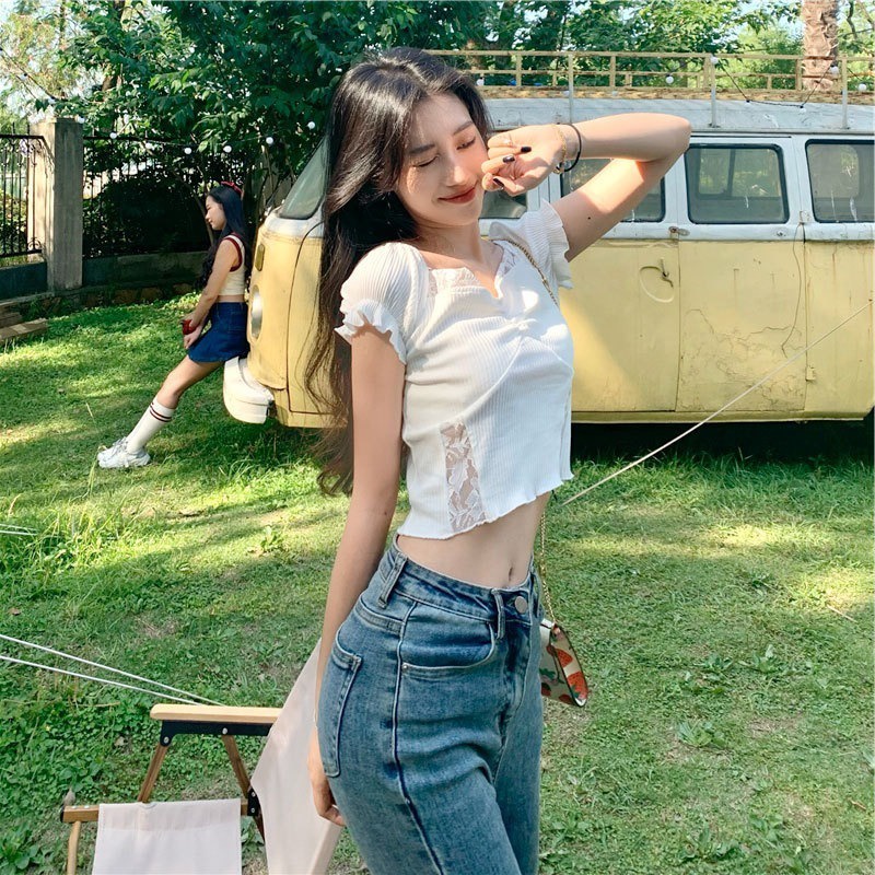 【ZHELIHANGFEI】 / Niche Áo Ngắn Tay Cổ Vuông Eo Cao Hở Rốn Màu Tím Ngọt Ngào Mùa Hè