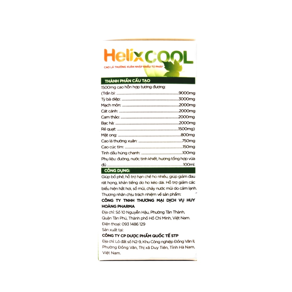 [Nguyên liệu nhập Pháp] Siro ống hỗ trợ giảm ho, sổ mũi Helix Cool (Hộp 20 ống x 10ml)