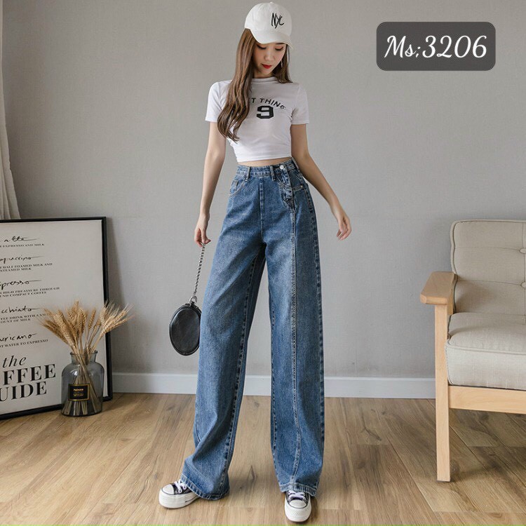 QUẦN JEAN ỐNG RỘNG NỮ LƯNG CAO KHÓA KÉO LỆCH CHẠY GÂN 1 BÊN MÀU XANH ĐẬM CAO CẤP BABO