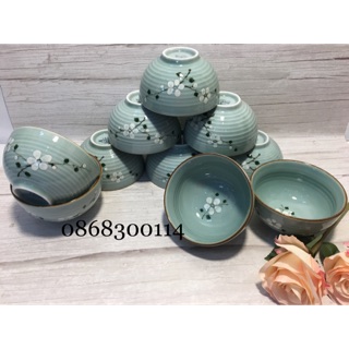 10 bát cơm xanh ngọc vẽ hoa đào ( sản phẩm thật bên ngoài sáng đẹp hơn)