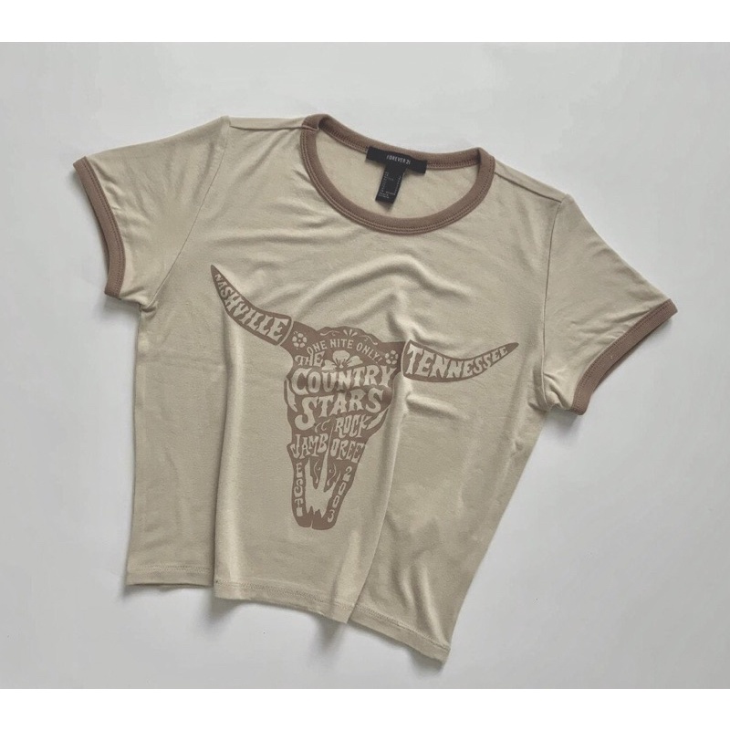 Áo croptop thun cotton kem in đầu trâu