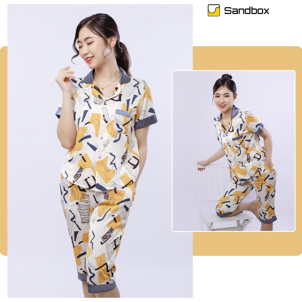 Đồ Bộ Nữ Mặc Nhà Pijama Lụa Nhật Mềm Mát Mùa Hè SANDBOX Thiết Kế Tay Cộc Quần Lửng Họa Tiết Nhã Nhặn - BLL22005