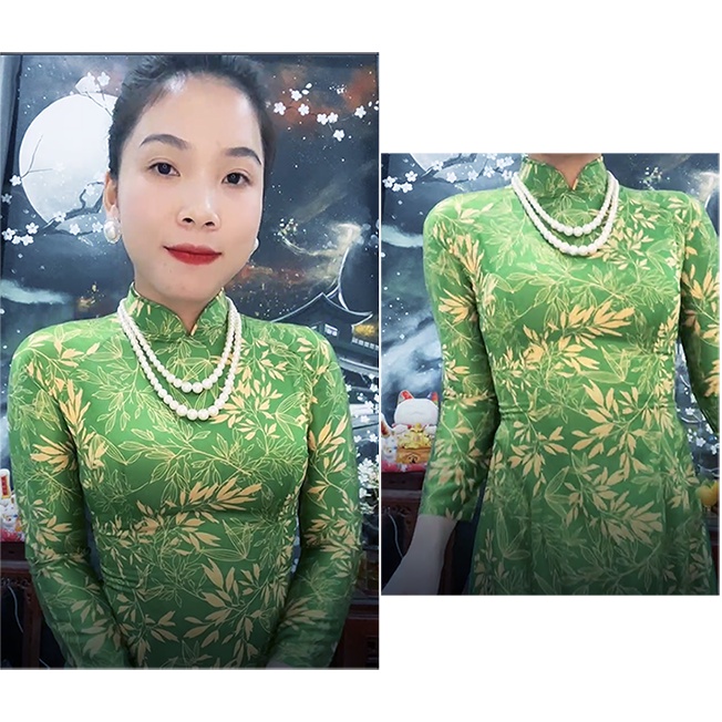 Áo dài lụa bóng Thái Tuấn họa tiết lá tre trúc xanh - Áo dài mẹ áo bà sui