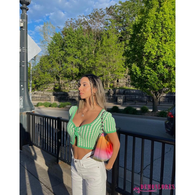 Áo Dệt Kim Tay Ngắn Cổ Vuông Họa Tiết Kẻ Sọc Với Dây Tùy Chỉnh Thời Trang Mùa Hè Cho Nữ