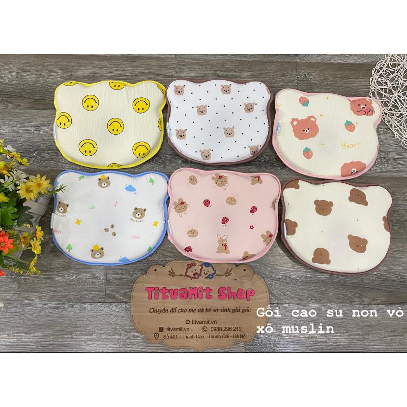 Gối cao su non hình gấu vỏ xô muslin, gối cao su non vỏ sợi tre cho bé