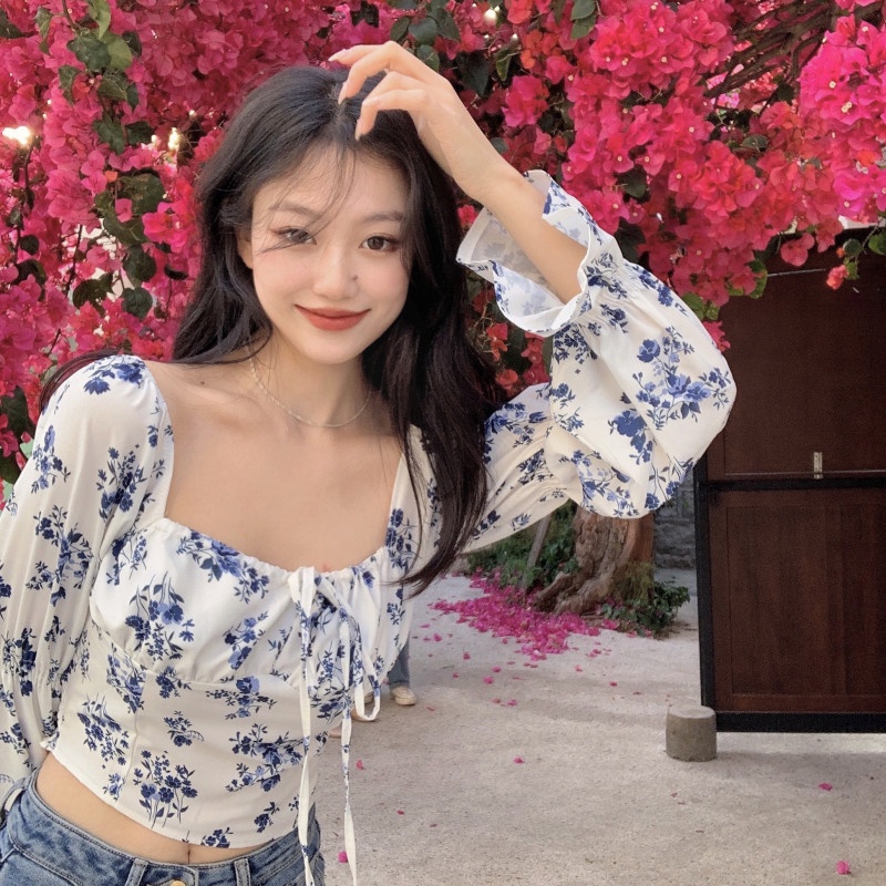 Áo Kiểu Tay Phồng Cổ Vuông In Họa Tiết Ngọt Ngào Cho Nữ
