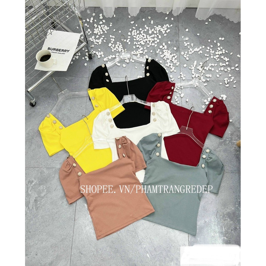 Áo kiểu cổ vuông đính khuy 2 bên, Áo thun dáng ôm tay bồng hở lưng chất cotton co giãn AT06 - phamtrangredep shop