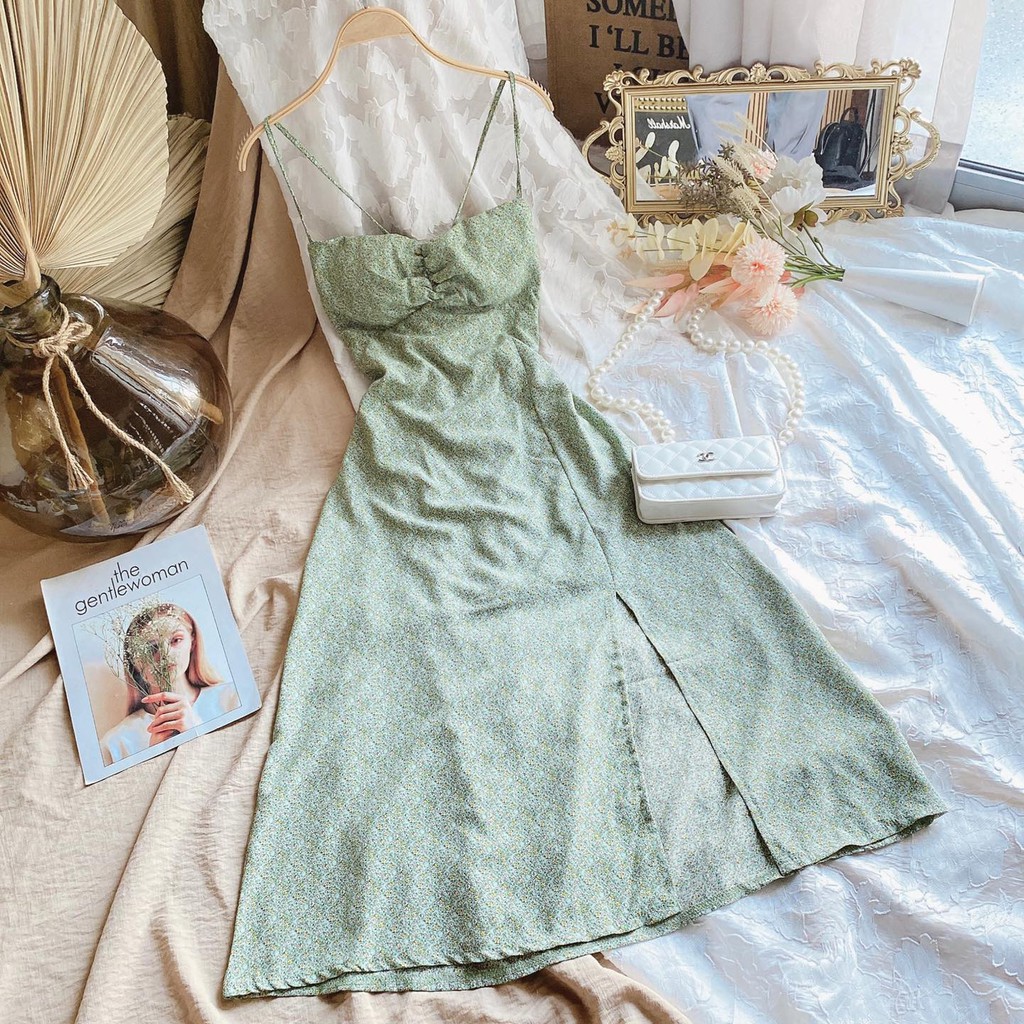 ĐẦM váy thiết kế maxi hoa nhí xanh hai dây (Marin) ó sẵn mút ngực tiện lợi, chất lụa có lót trong dày dặn