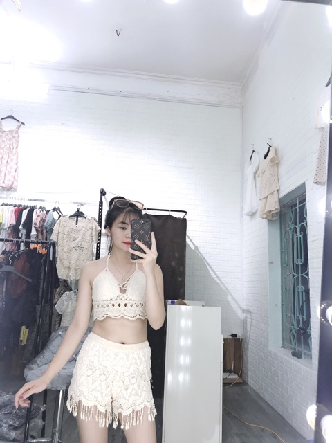 Set biển mới - set 3 món - bra sóng + quần ren hoa tua rua điệu + choàng tay lượn sóng (có tách rời)