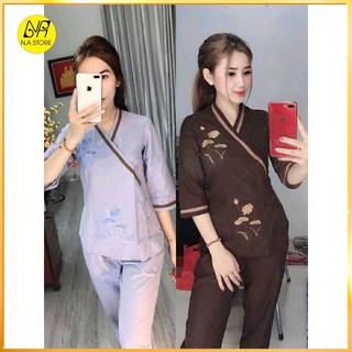 Bộ Đi Lễ Chùa - Đồ Lam Nữ Đi Chùa Đẹp Cao Cấp Trang Nhã Vải Kate Bà Lai Cổ Tàu Thêu Sen Dành Cho Phật Tử AL016