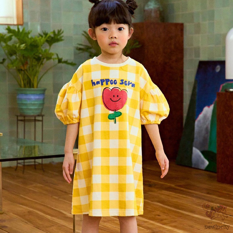 Đầm Tay Ngắn Dáng Rộng In Họa Tiết Hoa Lá Phong Cách Hàn Quốc Thời Trang Mùa Hè Xinh Xắn Cho Bé Gái