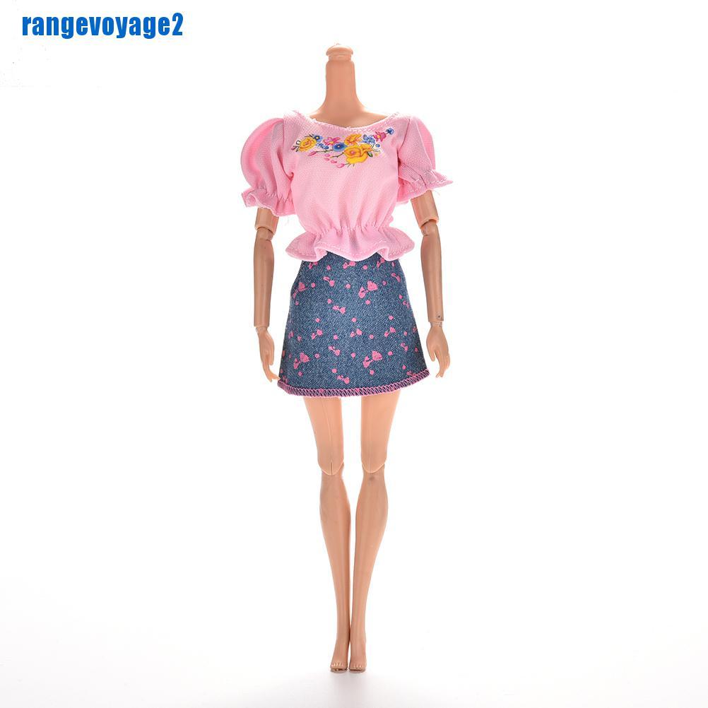 Bộ 2 Áo Thun Màu Hồng + chân váy jean Xanh Cho Búp Bê Barbie (Range11)