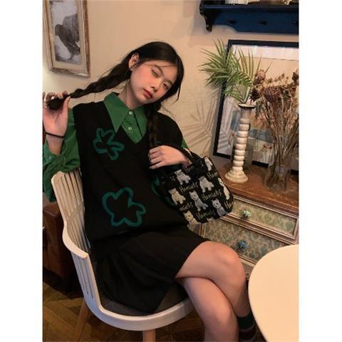 Set Áo Sơ Mi Dài Tay + Đầm Yếm Dệt Kim Thiết Kế Mới Thời Trang Mùa Xuân Thu Dành Cho Nữ