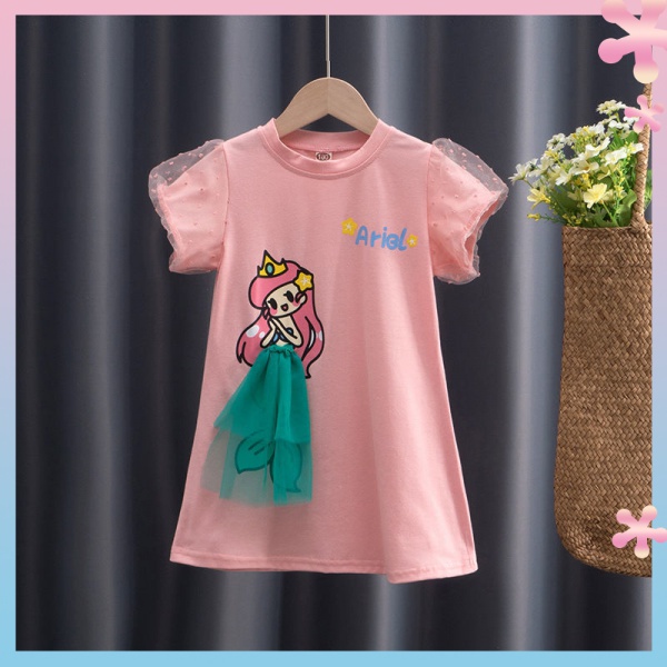 ✨✨Đầm Lưới Tay Phồng 100% Cotton Nguyên Chất In Họa Tiết Hoạt Hình Ba Chiều Thời Trang Mùa Hè Dành Cho Bé Gái