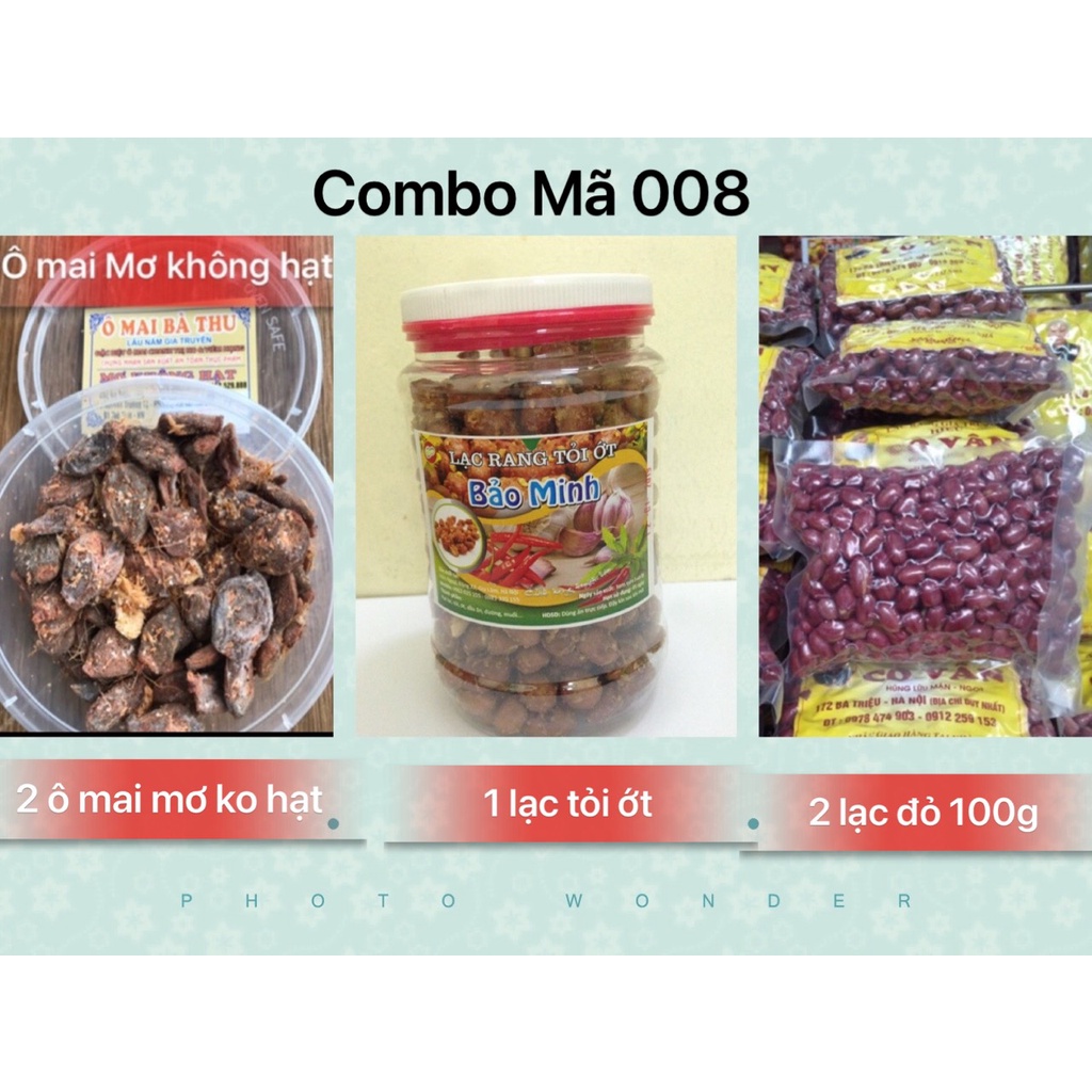 Combo Mã 008 gồm 02 hộp ô mai mơ không hạt, 1 lọ lạc tỏi ớt 250 gam và 2 gói lạc đỏ loại 100 gam, HOẢ TỐC, MIỄN SHIP