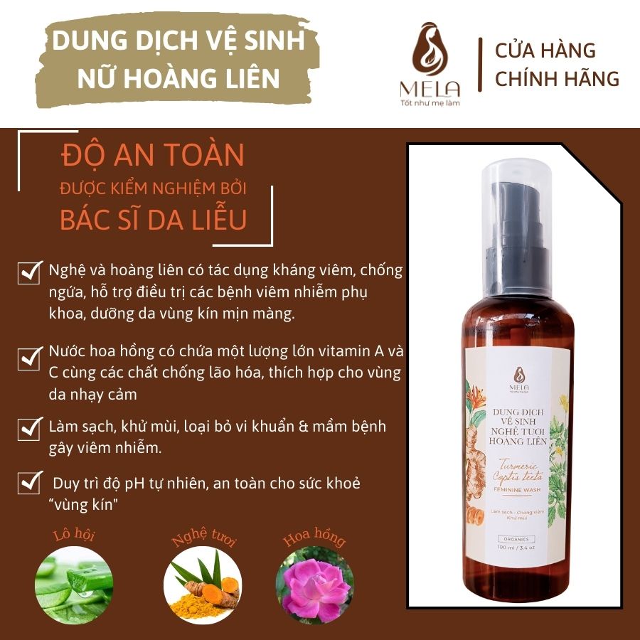 Dung Dịch Vệ Sinh Phụ Nữ Nghệ Hoàng Liên MELA, Nước Rửa Phụ Khoa Làm Sạch Dịu Nhẹ Cân Bằng Độ Ẩm 100ml - ML06