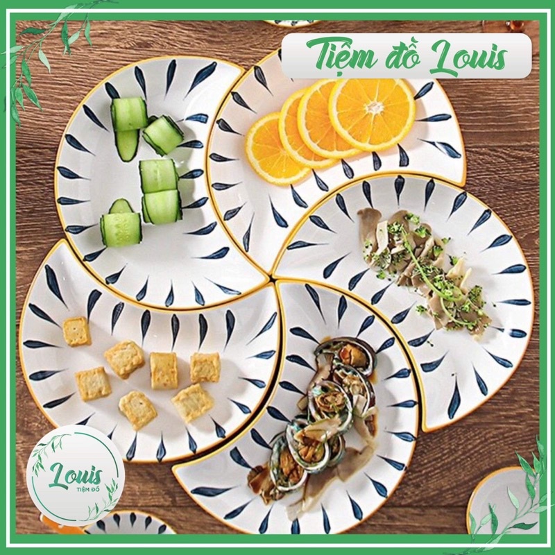 Đĩa Sứ Đựng Thức Ăn Họa Tiết Kẻ Xanh Set Bát Đĩa Bán Nguyệt Xếp Hoa Cao Cấp Decor Phong Cách Bắc Âu